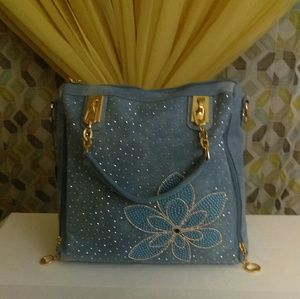 Rhinestone Flower Denim Handbag